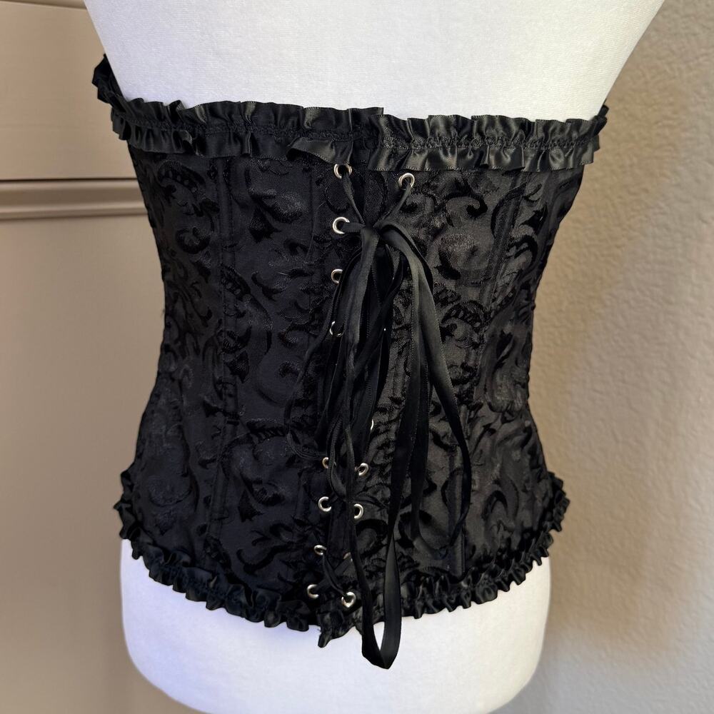 Hot Topic Black Brocade Lace Up Corset Top Ruffle Trim Goth Victorian Medium - Picture 4 of 7